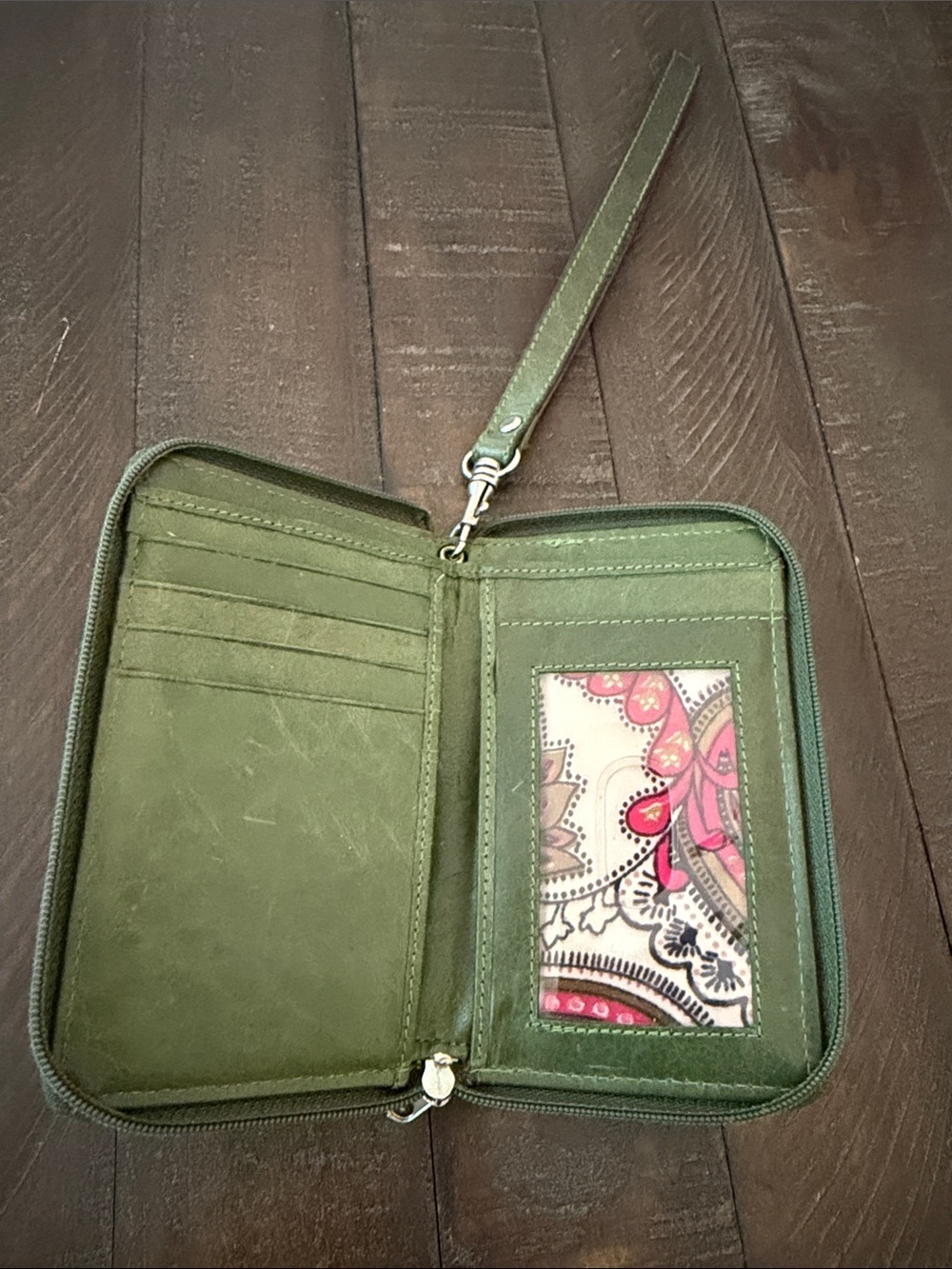 Sophia Visconti Olive Green Zip Wristlet Wallet with Floral ID Sleeve